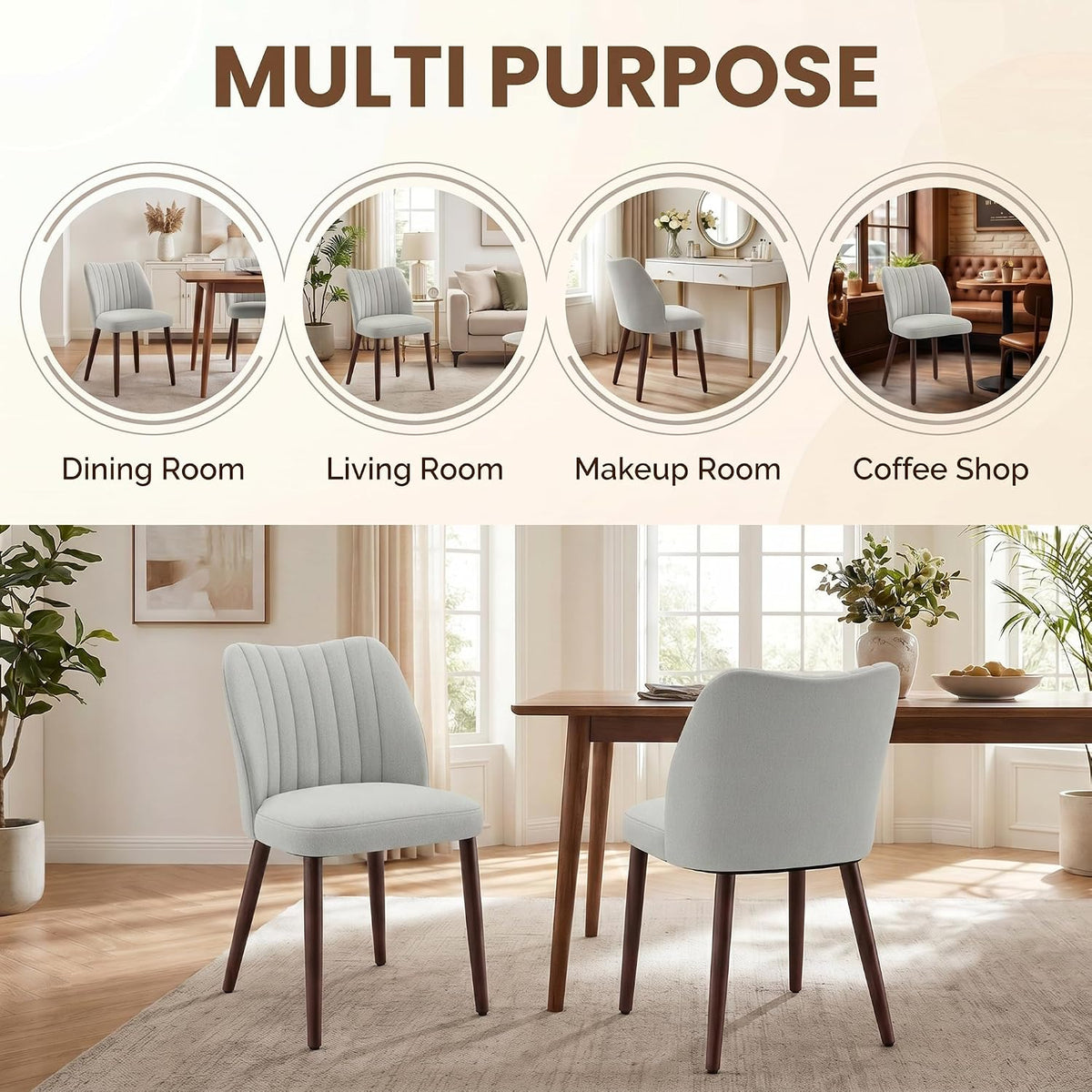 Upholstered Dining Chairs Set of 2, Modern Fabric Dining Chairs with Curved Backrest & Solid Rubber Wood Legs, Padded Kitchen Dining Room Chairs for Restaurant Cafe, Light Grey