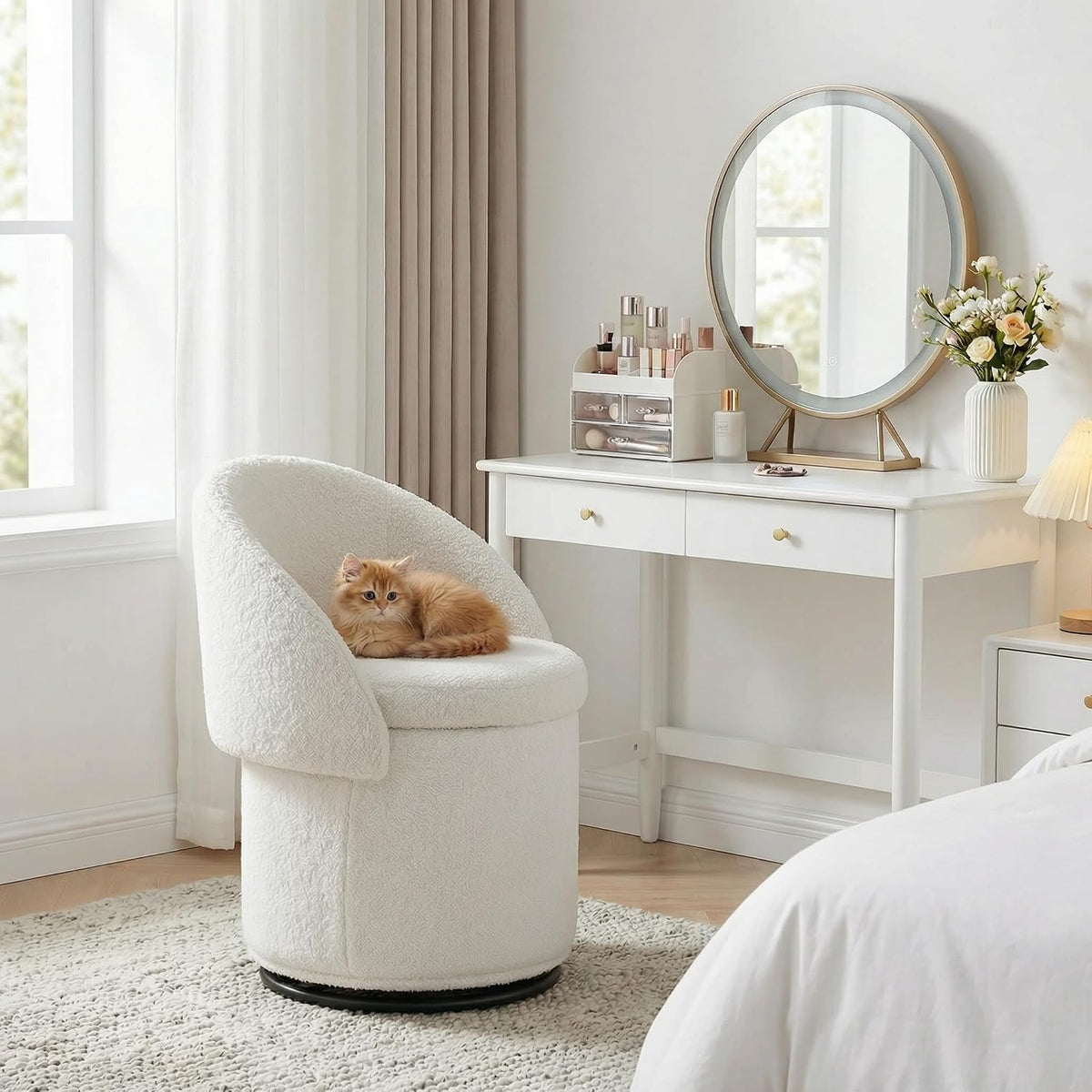 DUOMAY Modern Round Swivel Vanity Storage Stool with Foldable Backrest, Upholstered Ottoman with Removable Lid, Footrest Makeup Stool for Living Room Bedroom, Sherpa White