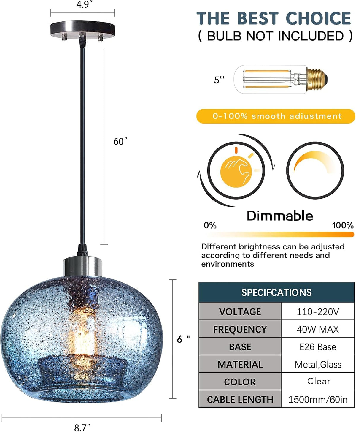 CASAMOTION Blue Pendant Light, Hand Blown Glass,Brushed Nickel, 8.7 Inch