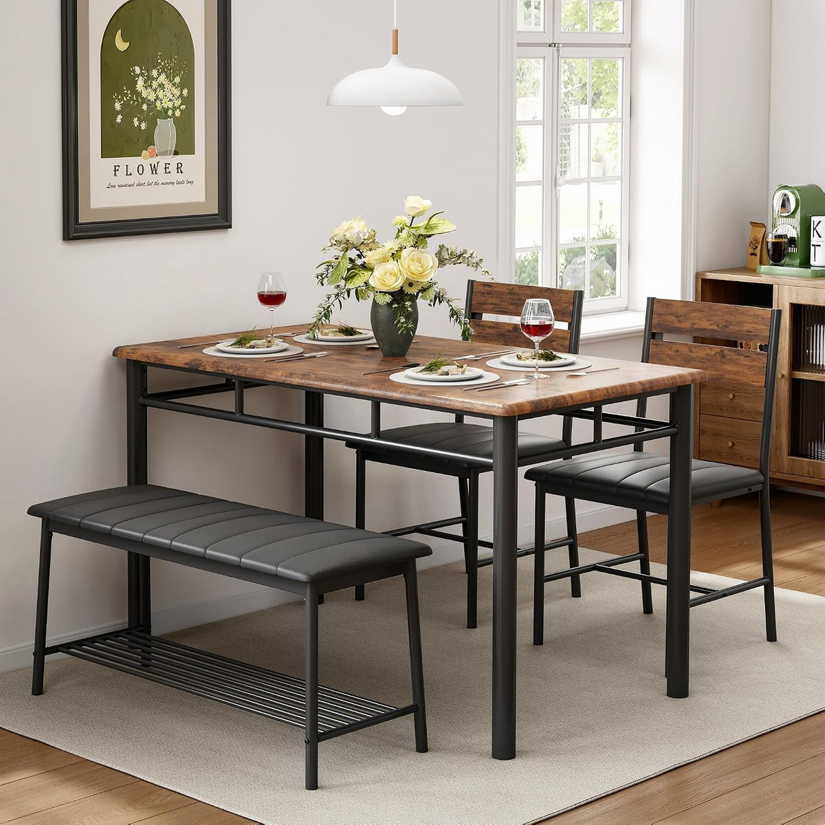 IRONCK Dining Table Set for 4, Kitchen Table and Chairs Set, Rustic Brown