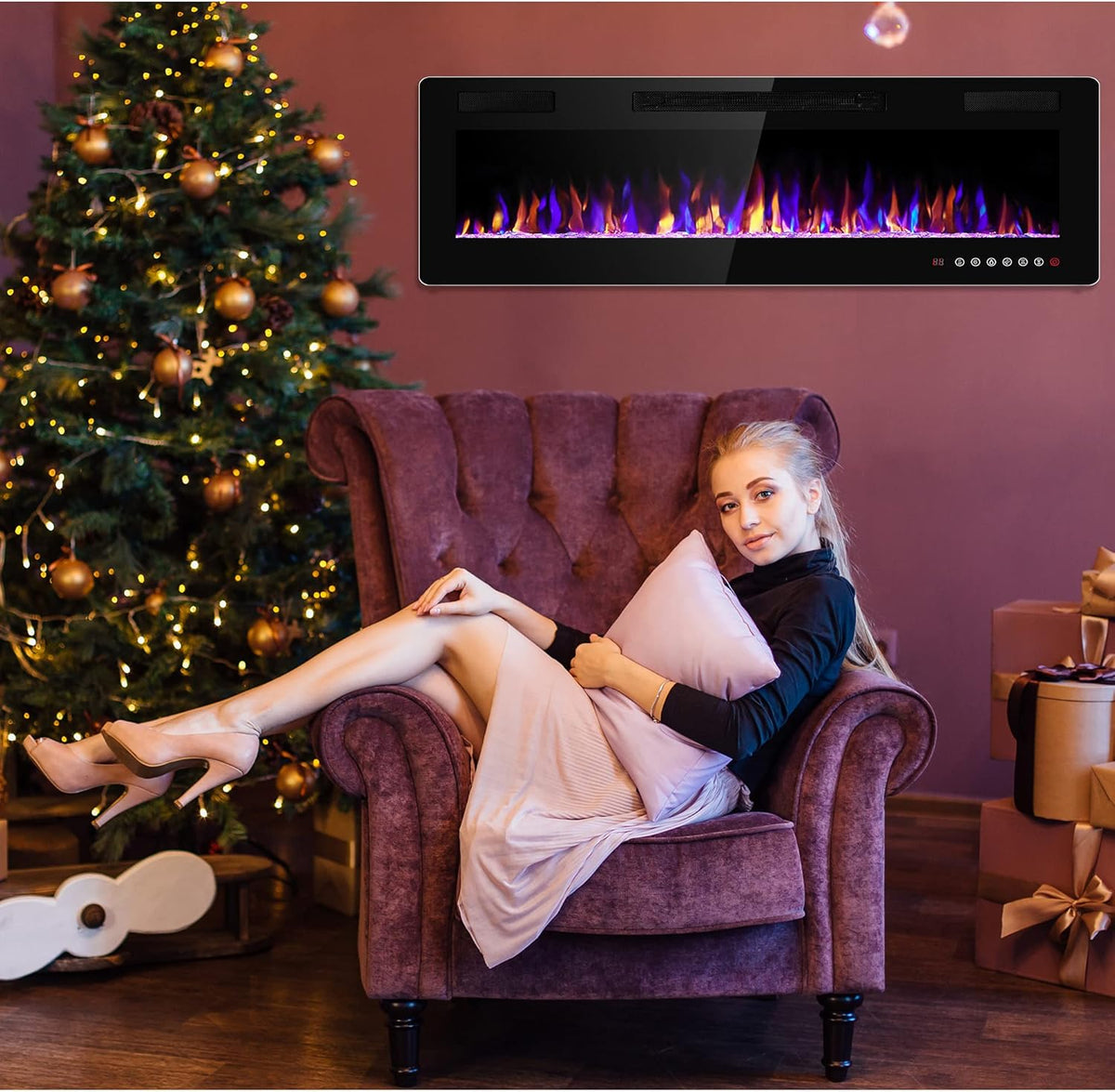 Electactic 50 Inch Electric Fireplace Insert Ultra-Thin - Recessed & Wall-Mounted Fireplace Heater with Thermostat, Adjustable Flame, Remote Control - Linear with Timer, Touch Screen, 750/1500W