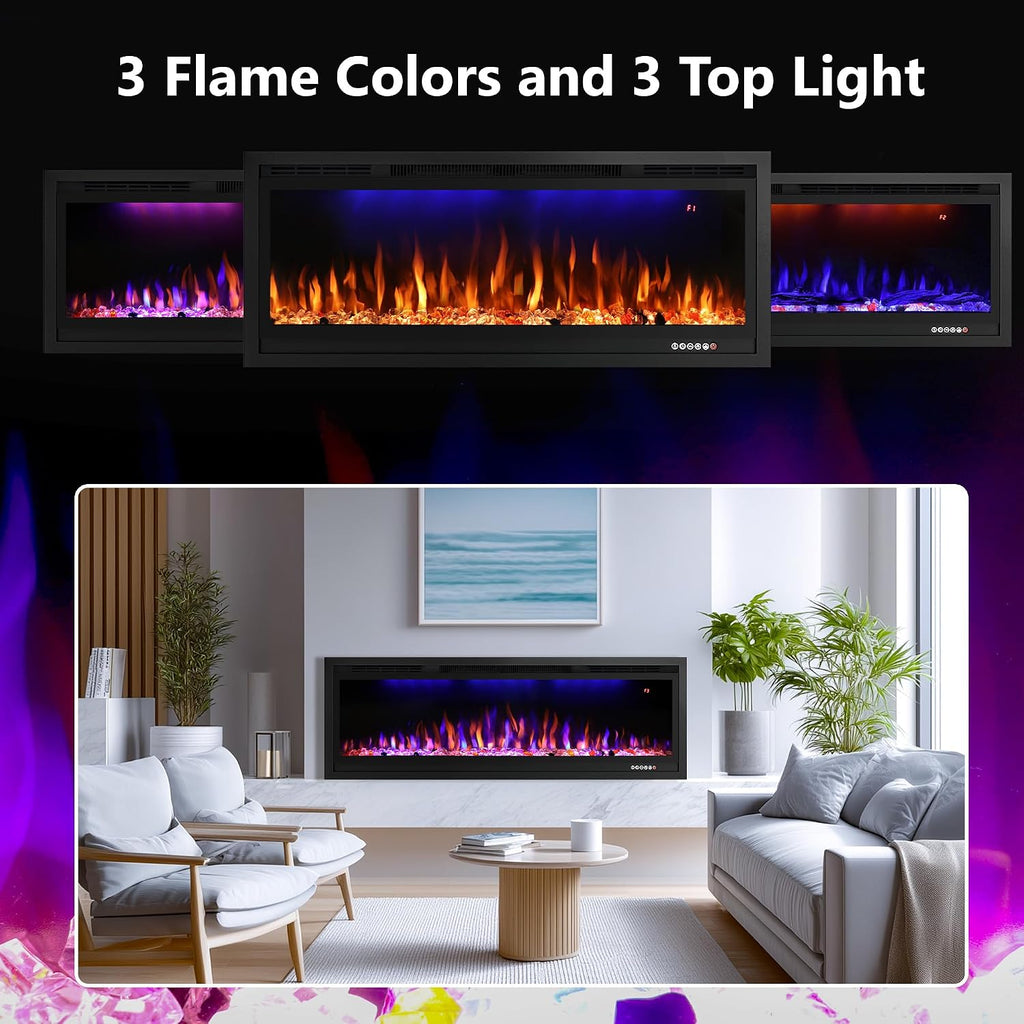 50" WiFi-Enabled Electric Fireplace Insert, APP Smart Control, Wall Mounted&Recessed Linear Fireplace Heater with Thermostat, Flame&Top Lights, Log&Crystal, Timer