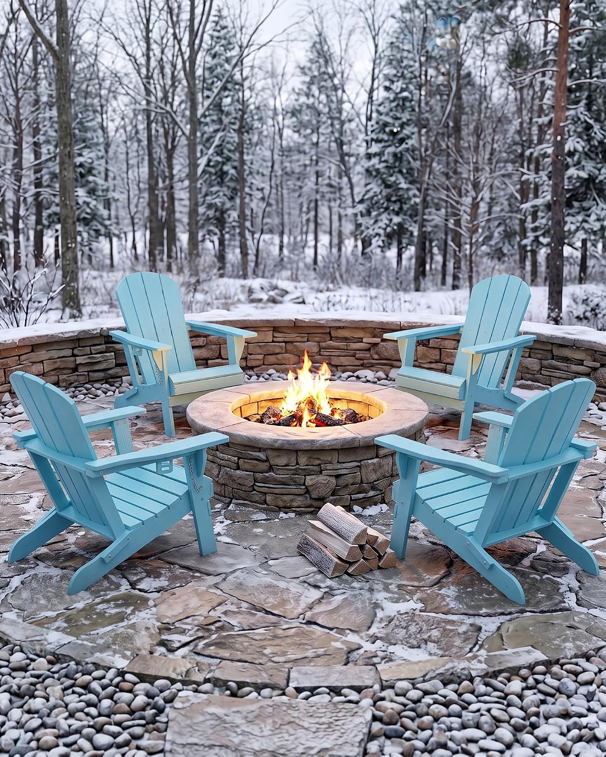 PLUUV Folding Adirondack Chair, HDPE Fire Pit Chair with Cup Holder, Aruba