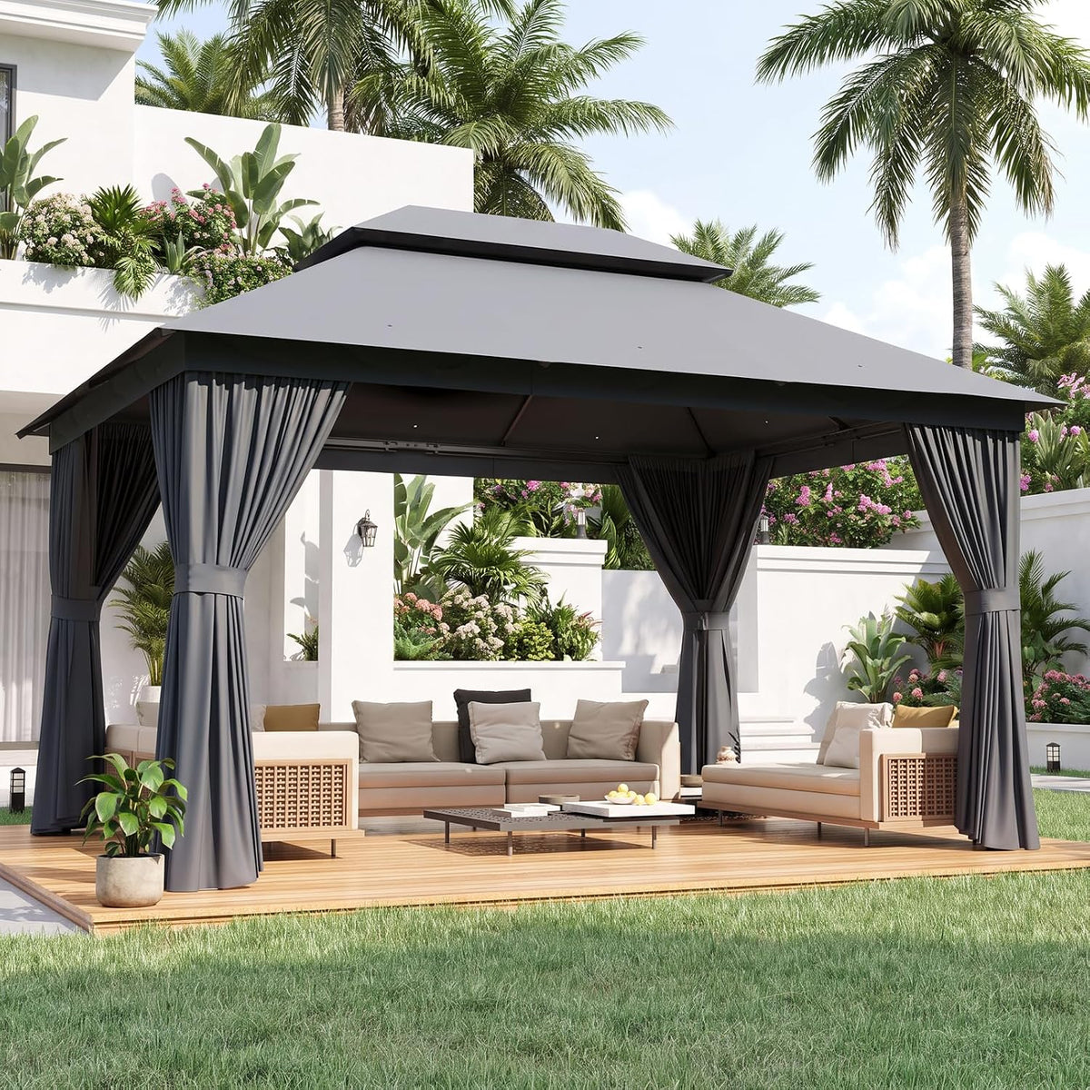 Aoxun 10x12 Gazebo Canopy with Steel Frame, Double Roof