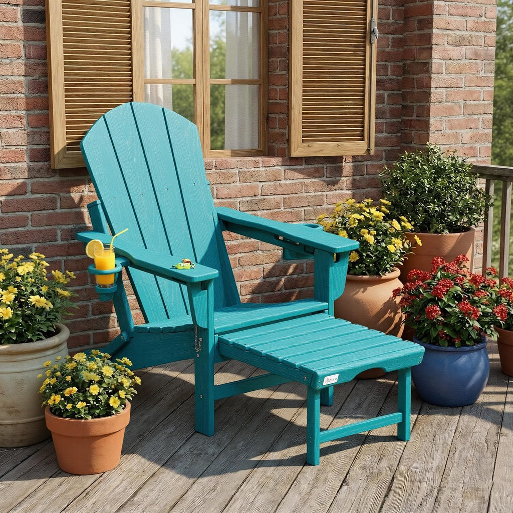 Mdeam HDPE Folding Adirondack Chair, 3-Level 400 lbs Cup Holders,Aruba Blue