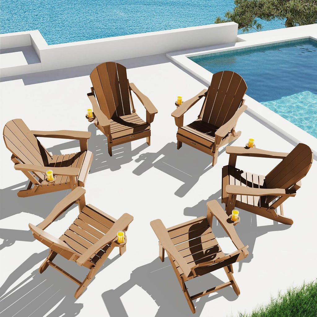 SERWALL Folding Adirondack Chair Set of 4 Patio Chair with Cup Holder-Brown