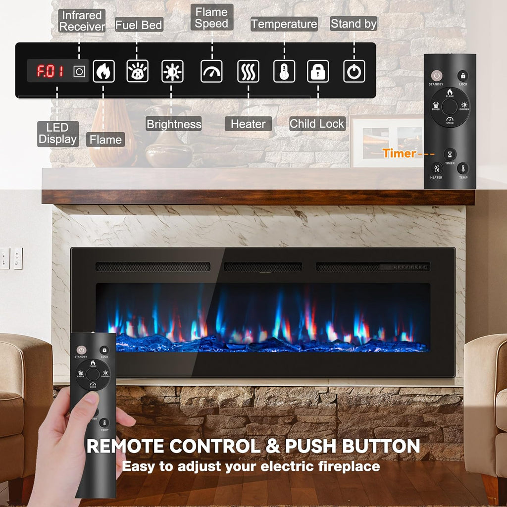 Manastin 50" Electric Fireplace Heater, Multi-Color Recessed Wall Mounted