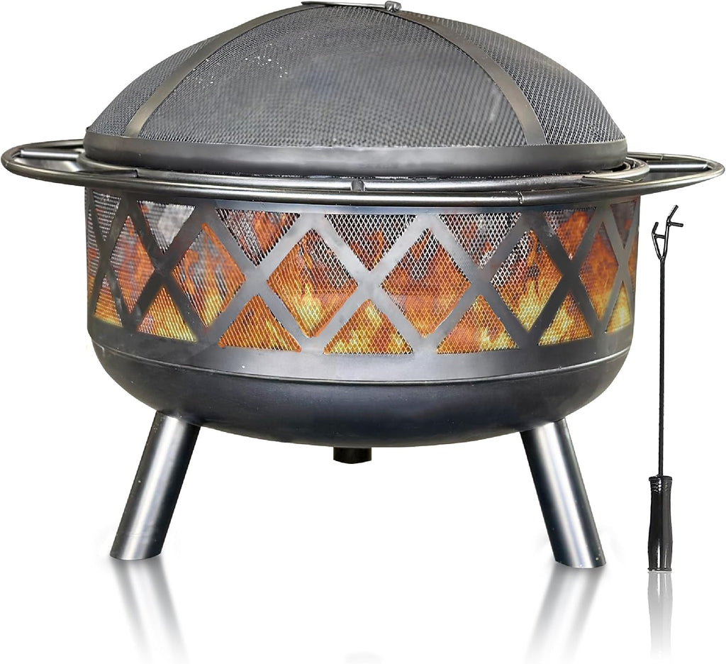 AK TRADING CO. Crossweave 30" Wood Burning Fire Pit with Spark Screen, Poker, Mesh Cover, Stainless Steel Grate - Black