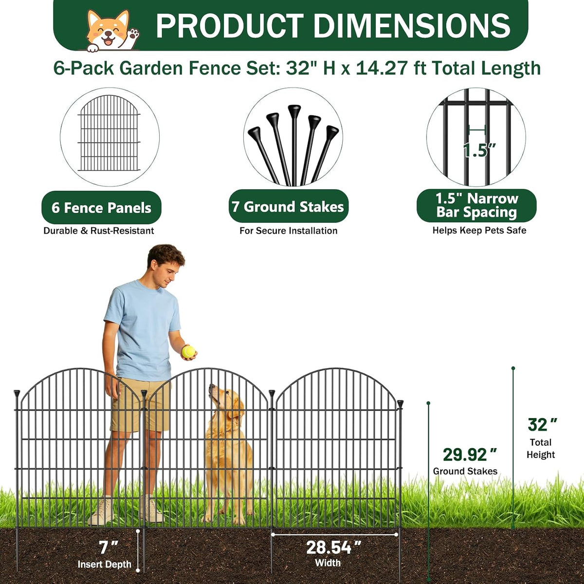 No Dig Garden Fence Panels, Dog Fence Outdoor for Yard, 6 Pack