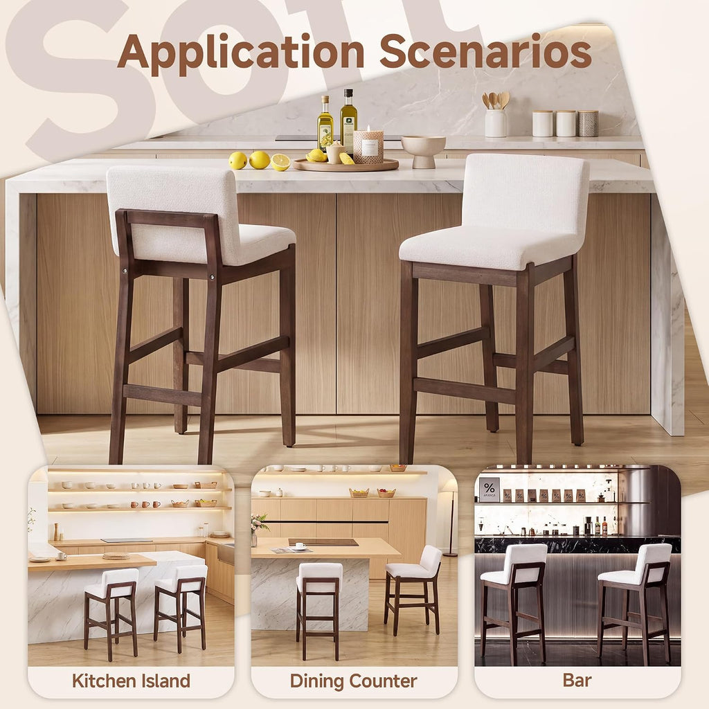 Bar Stools Set of 2, Counter Height Bar Stools with Backs, Comfortable Linen Upholstered Farmhouse Kitchen Island Stools, Barstools for Home Bar & Kitchen Counter, Beige