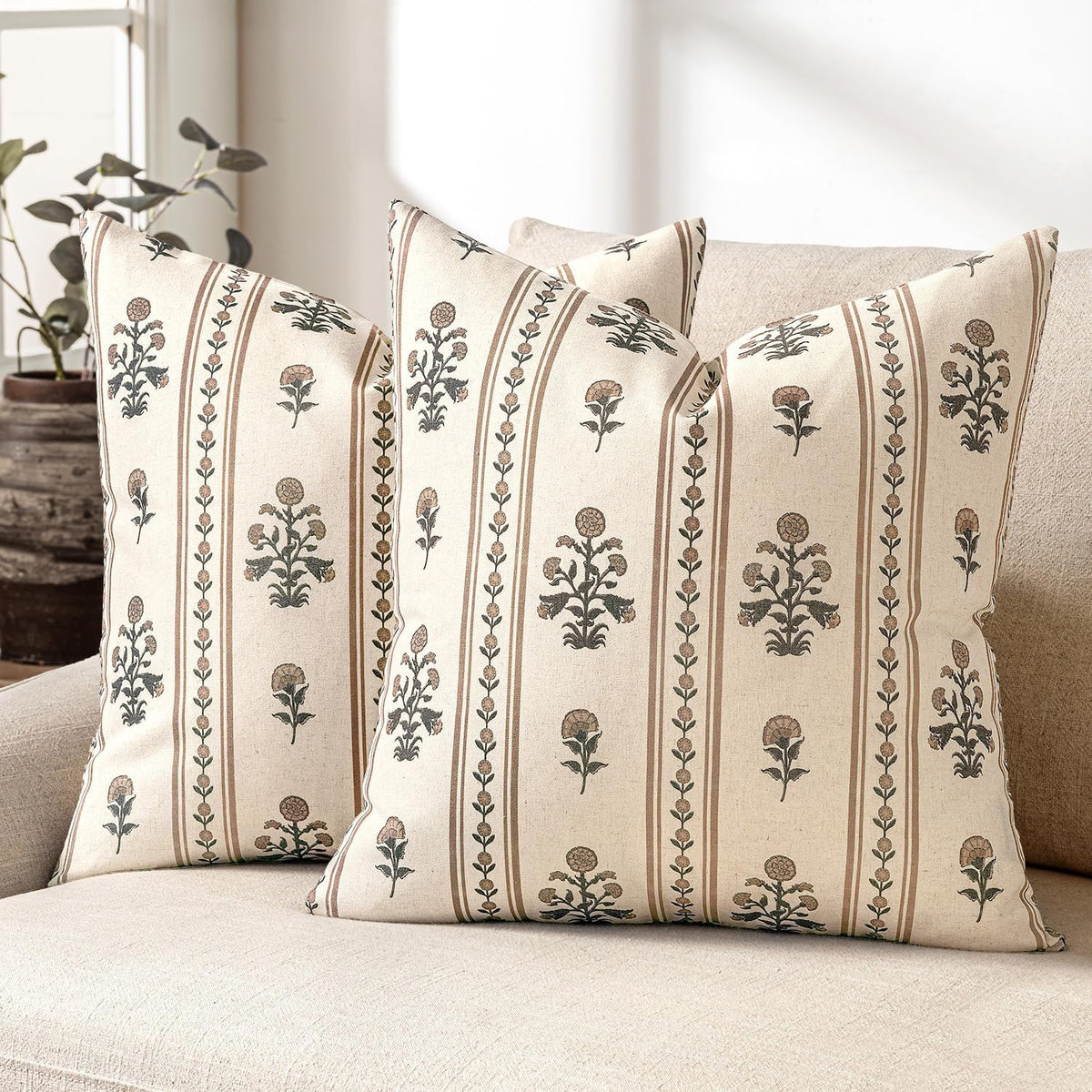 Striped Euro Floral Throw Pillow Covers 24x24 Inch Set of 2 Brown