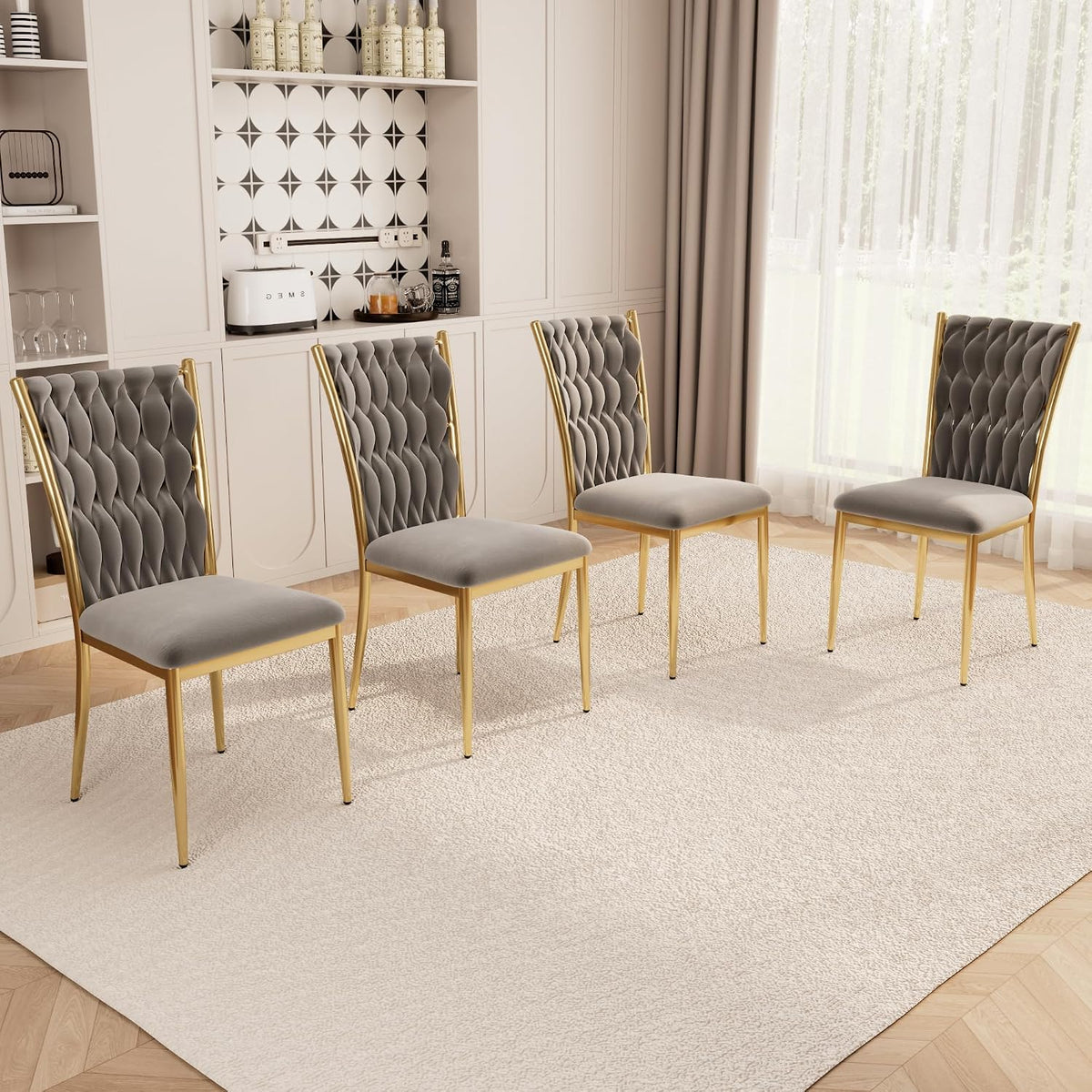 Modern Grey Velvet Dining Chairs Set of 4 with Woven High Back