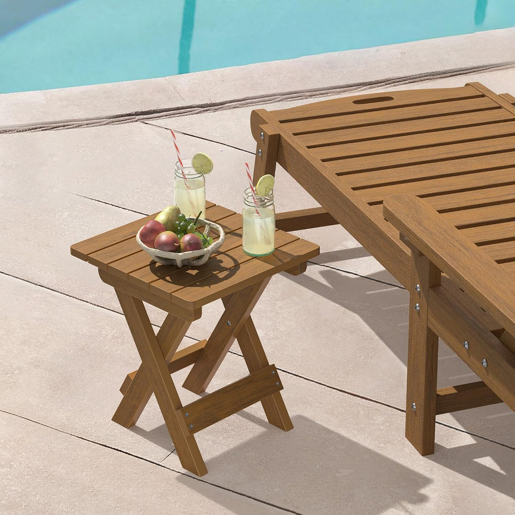 LUE BONA Small Outdoor Folding Side Table, 14 Inch, Teak Color Oil Printed