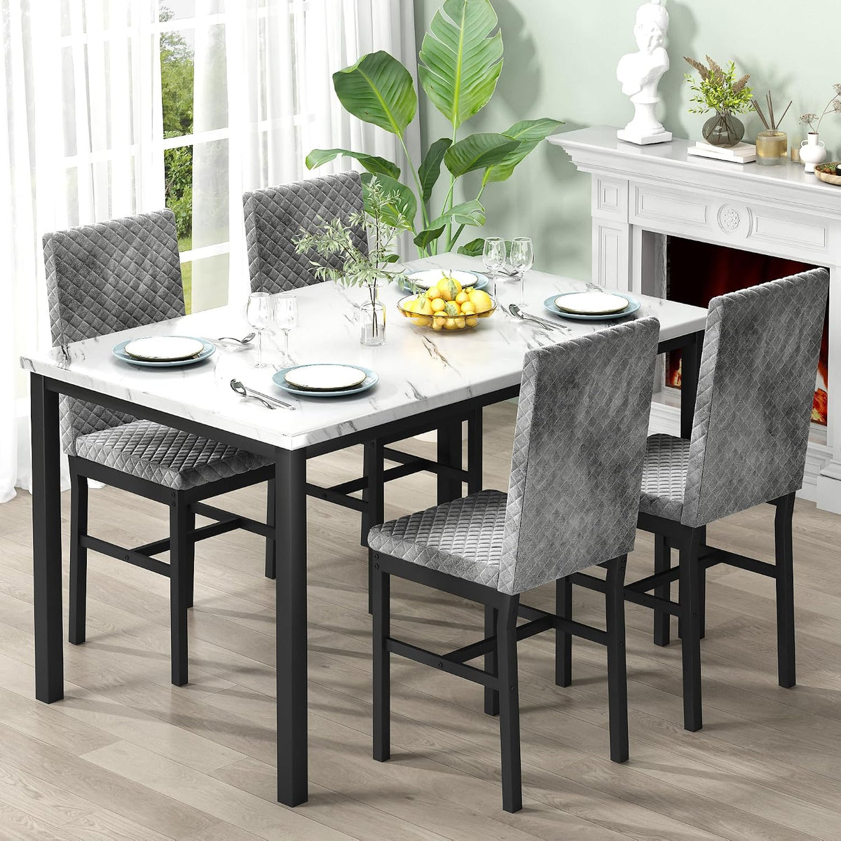 DKLGG Dining Table Set for 4, Faux Marble Kitchen Table with Velvet Upholstered Dinner Chairs, Small Dining Room Sets for Small Space Apartment Home