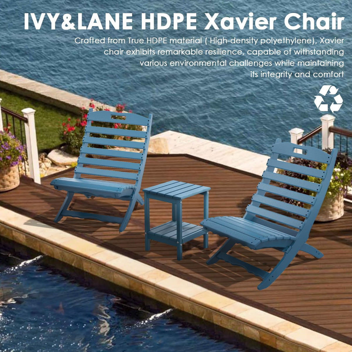 IVY&LANE Portable Xavier-Chairs Set of 2 | Folding-Adirondack-Chair | Wave | HDPE Plastic | Blue | All-Weather Resistant | for Outdoor Fire-Pit Patio Lawn Beach Poolside