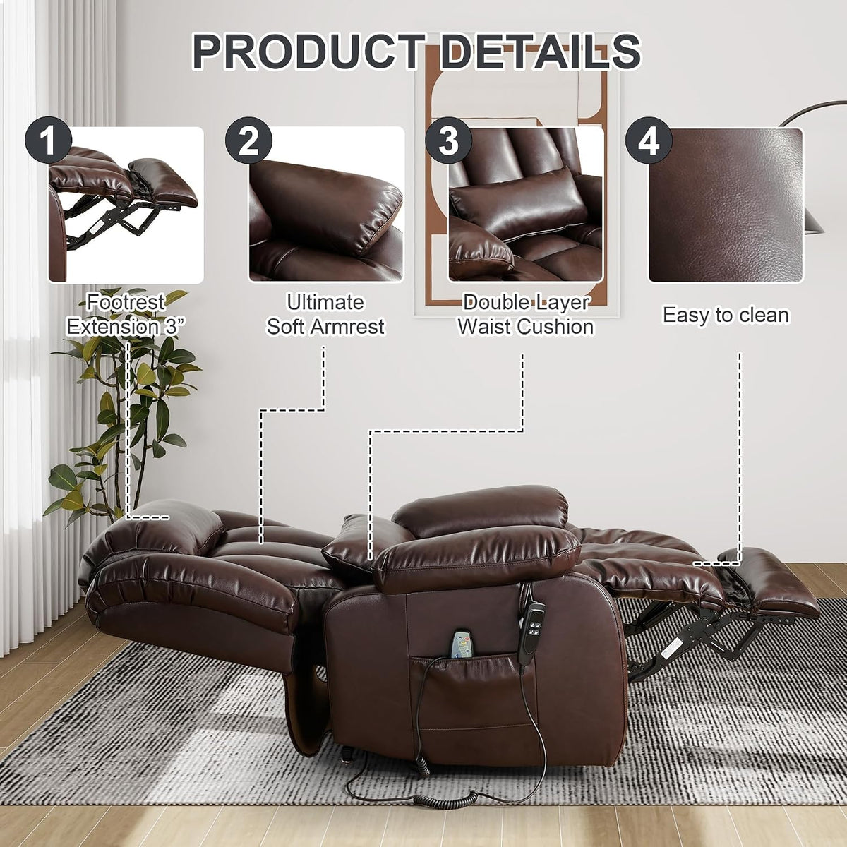 EDILLY X Large Genuine Leather Power Lift Recliner Chairs for Elderly