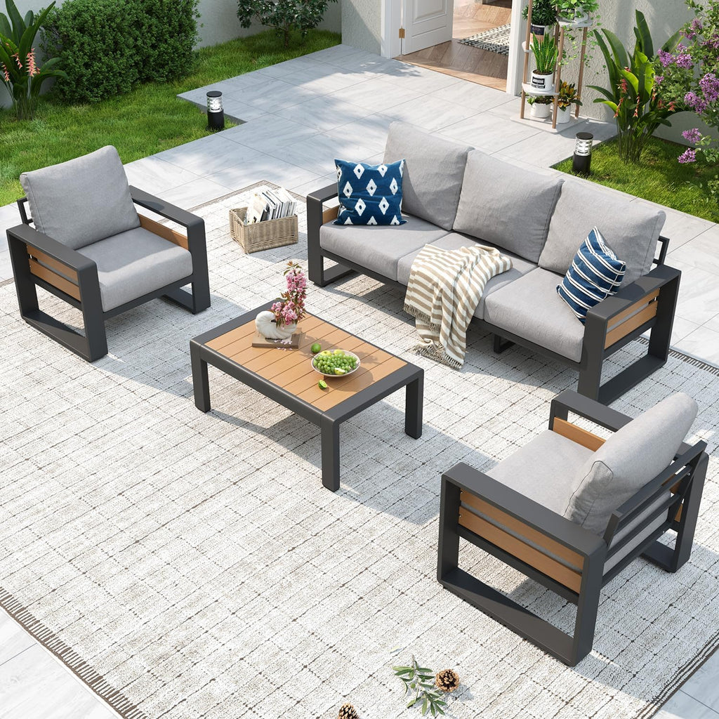 Aoxun Aluminum Patio Furniture Set, 5 Seats Luxury Outdoor Sectional with 6" Olefin Fabric Cushions, Patio Conversation Sets with Coffee Table for Backyard, Porch Light Grey