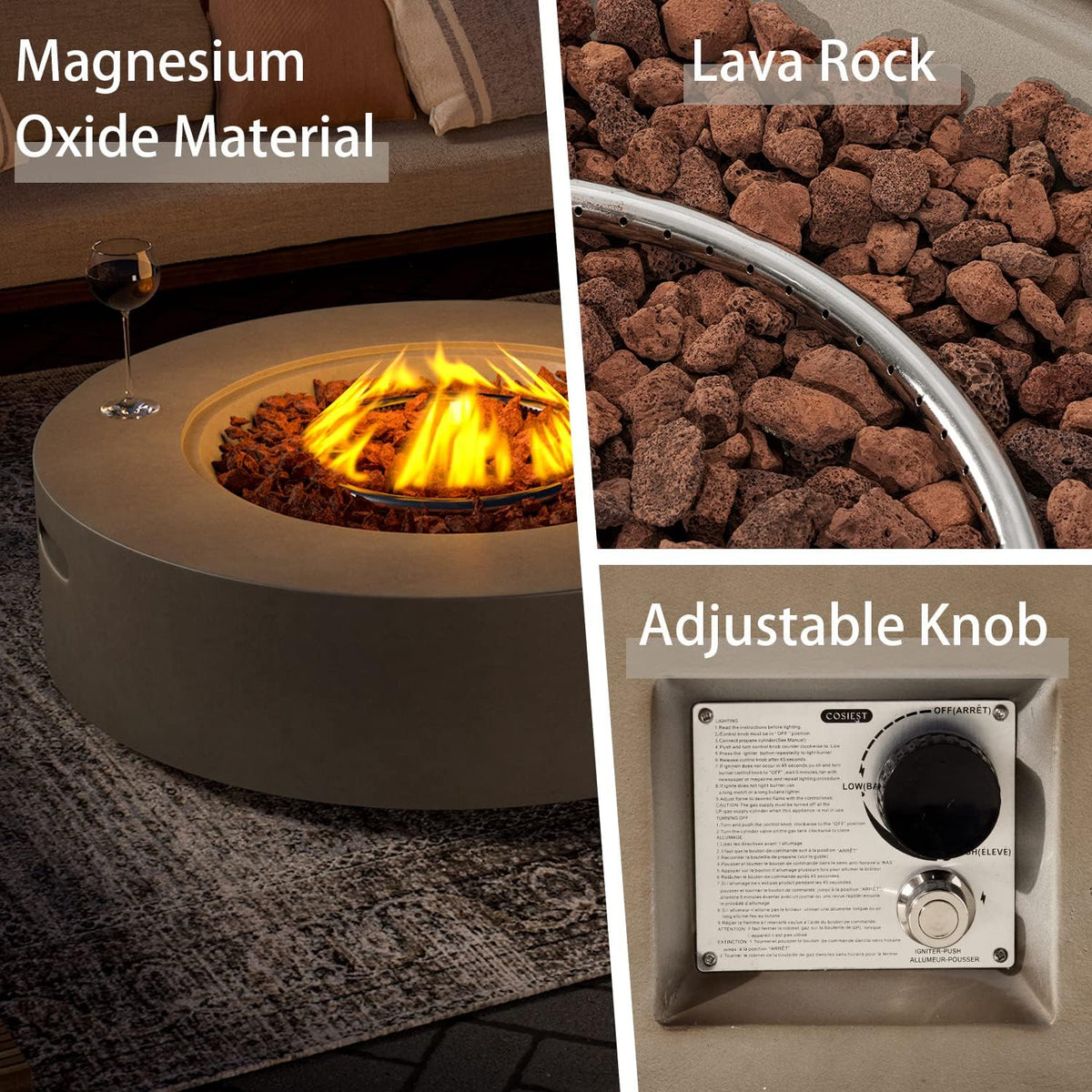 SUNBURY Outdoor 42" Fire Pit Table, 50000 BTU Gray Patio Fire Table, Concrete Round Gas Fire Table w Lava Rocks