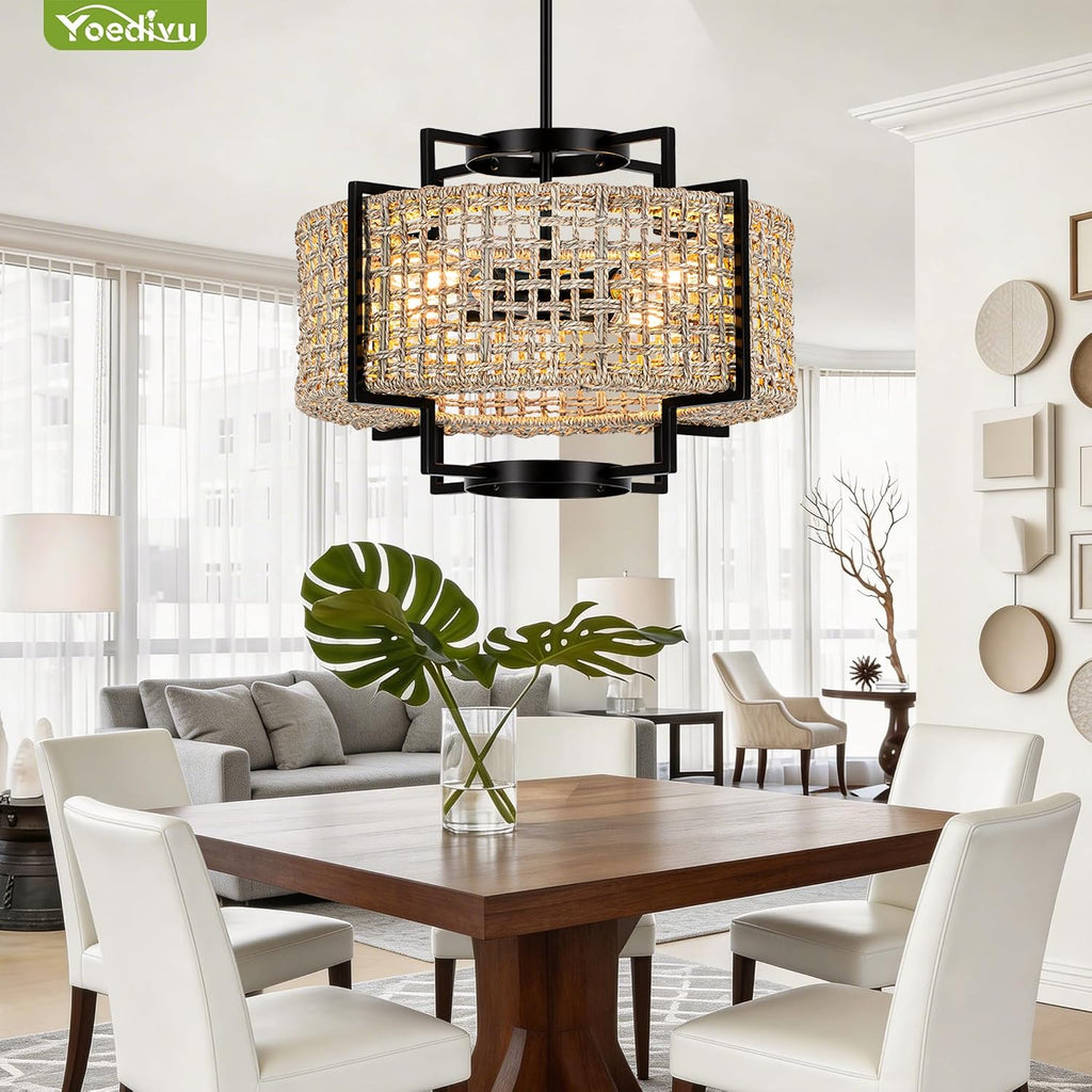 18" rattan chandelier, 4-light boho pendant light for, package contents