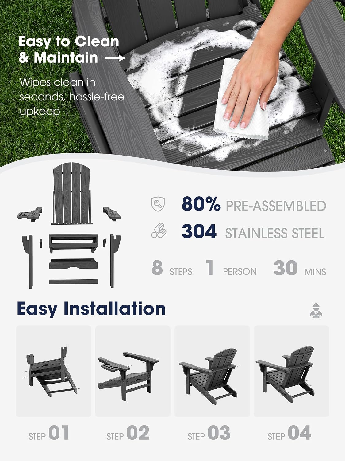 KINGYES Adjustable Folding Adirondack Chair with Footrest & 4-in-1 Multi-Functional Holder, HDPE Recliner Adirondack Chair with Pull-Out Ottoman, Gray