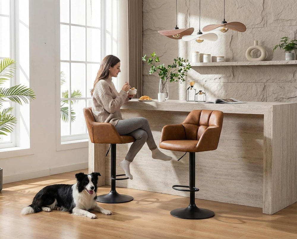 ROCITY Swivel Bar Stools Set of 2, Adjustable Height, Brown Faux Leather