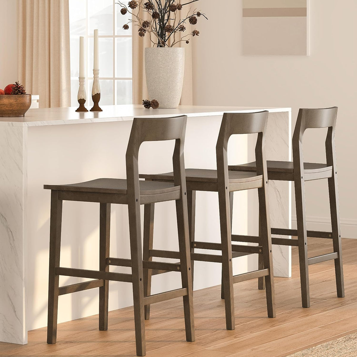 EYYTHUNG Basics Bar Stools Set of 4, Farmhouse 25” Counter Height Stools with Solid Wood Legs & Back, Mid Century Modern Barstools for Kitchen Island, Dining Room, Brown