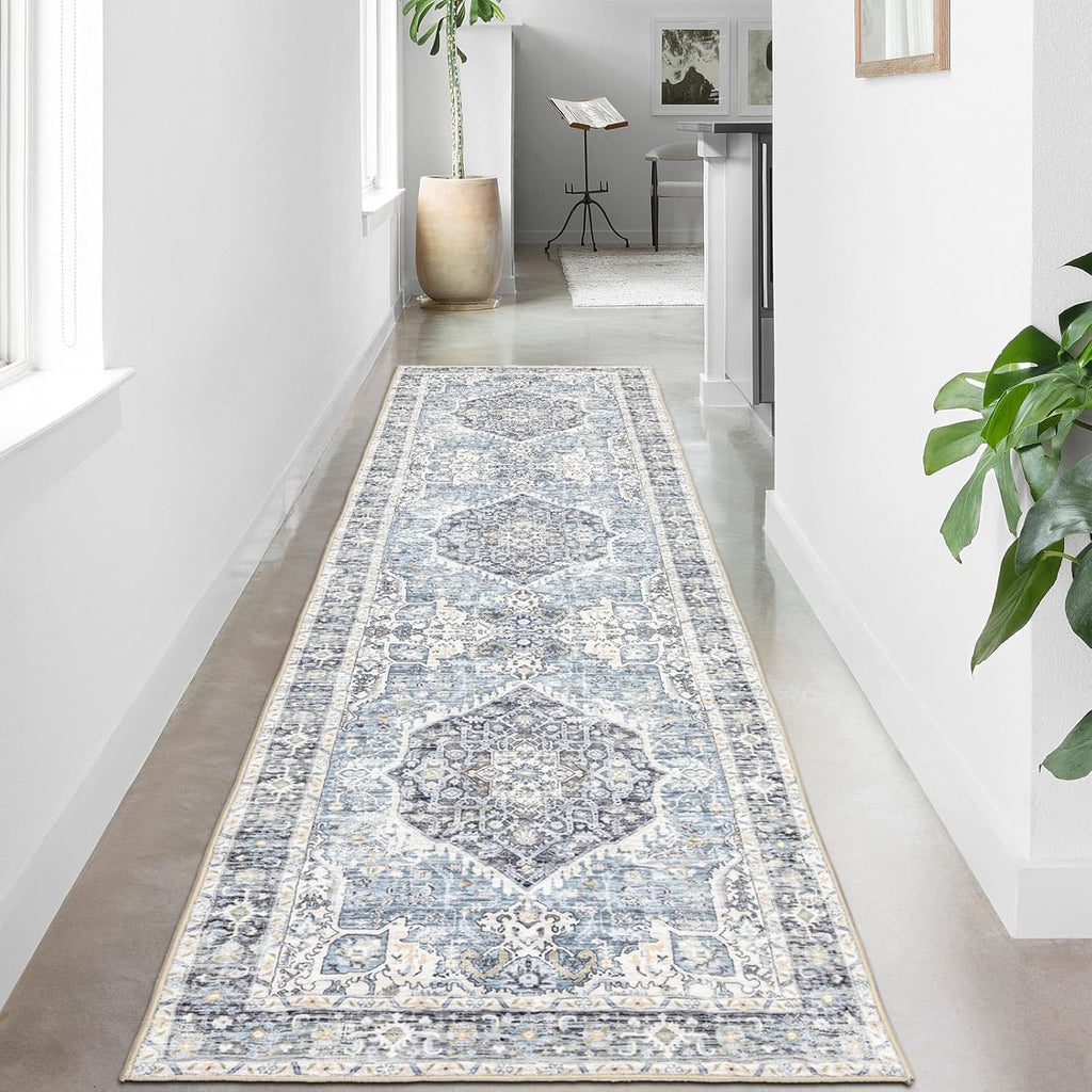 Runner Rug 2×8, Vintage Boho Rug,Ultra-Soft Low Pile, Washable, Non Slip,Stain Resistant Printed Carpet for Hallway Kitchen Living Room Bedrooms Playroom Office, Light Blue