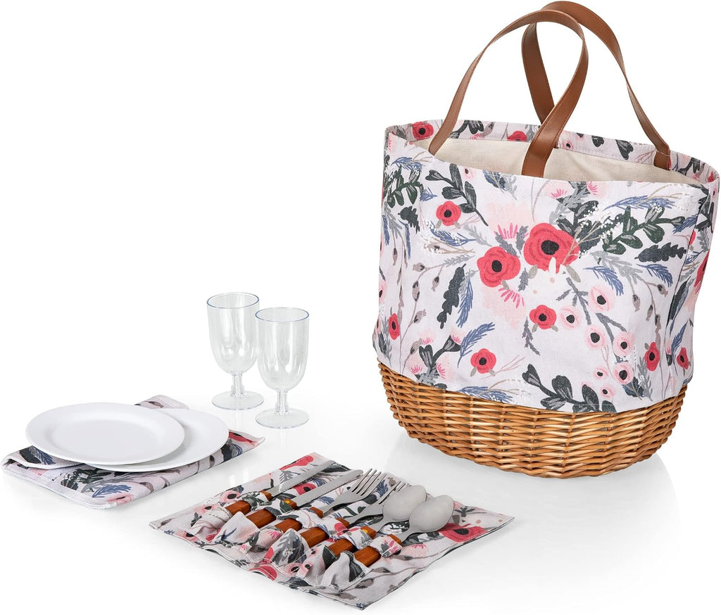 Picnic TIME Promenade Picnic Basket for 2, Canvas and Willow Picnic Set - Includes Utensil Set, Glasses, and Plates, (Floral Pattern)