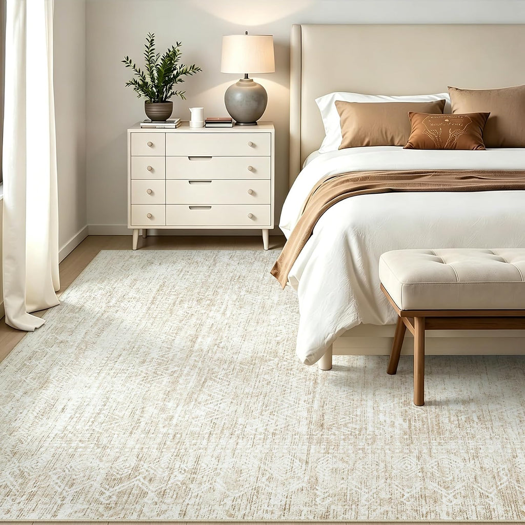 8x10 Area Rugs, Beige Washable Geometric Boho Rug for Living Room, Bedroom