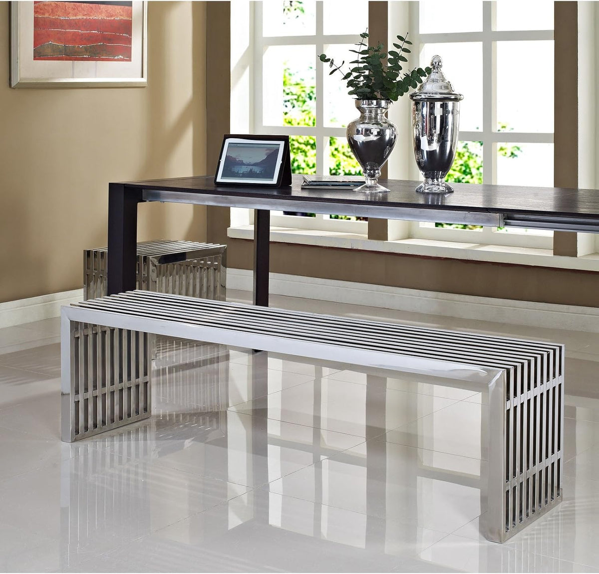 Modway Gridiron Stainless Steel Large and Small 2-Piece Bench Set