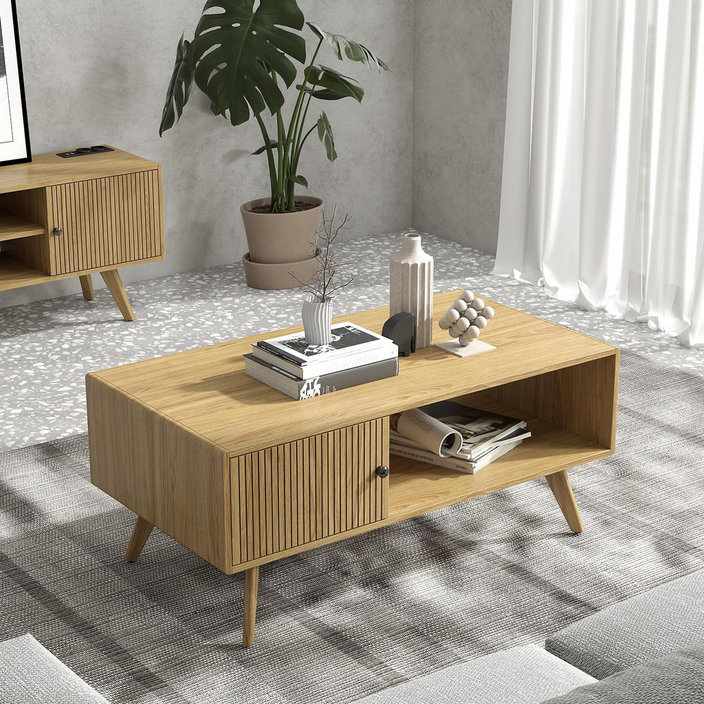 Manora Mid Century Modern Coffee Table with Storage, Natural Wood Finish