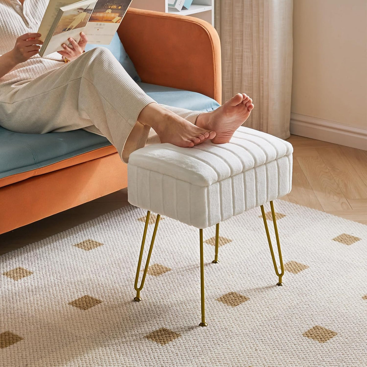 IBUYKE Vanity Chair with Storage, Faux Fur Footrest Ottoman, White LG-50W
