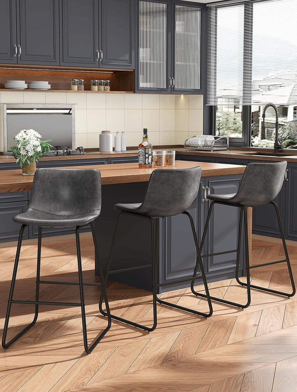 REONEY Bar Stools Set of 3, 26" Urban Faux Leather Counter Stools, Grey