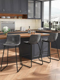 REONEY Bar Stools Set of 3, 26" Urban Faux Leather Counter Stools, Grey