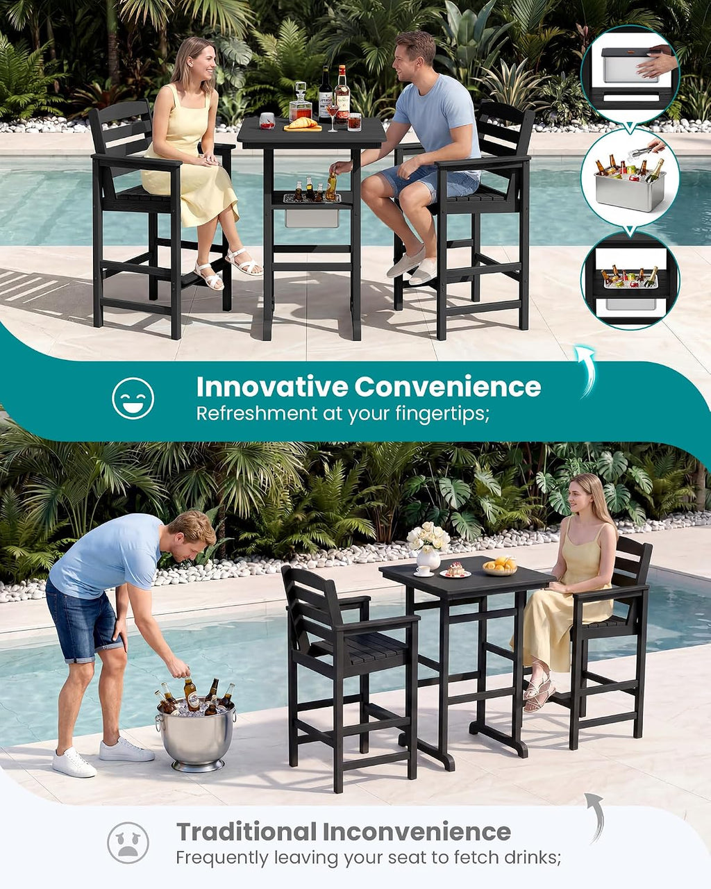 SERWALL 8 Pieces Outdoor Bar Chairs Table with Ice Bucket Set, Black