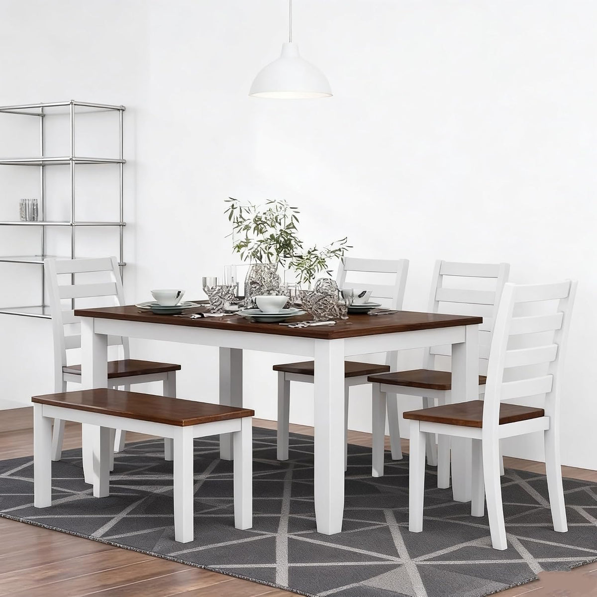 LUMISOL Solid Wood Kitchen Table Set with 4 Chairs & Long Bench, Walnut Cottage White (6 Piece)