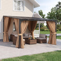 Aoxun 12'x10' Lean to Gazebo, Pergola with Mosquito Net and Curtains, Brown
