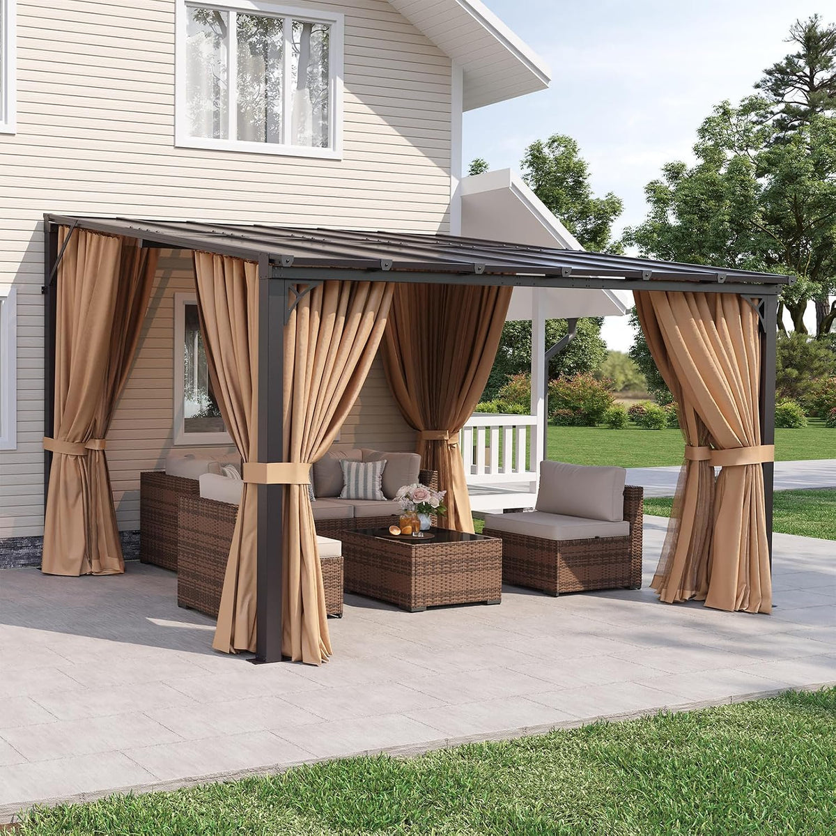 Aoxun 12'x10' Lean to Gazebo, Pergola with Mosquito Net and Curtains, Brown