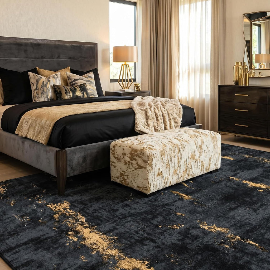 Fixwal Washable 6x9 Area Rug for Living Room, Non-Slip, Black/Gold