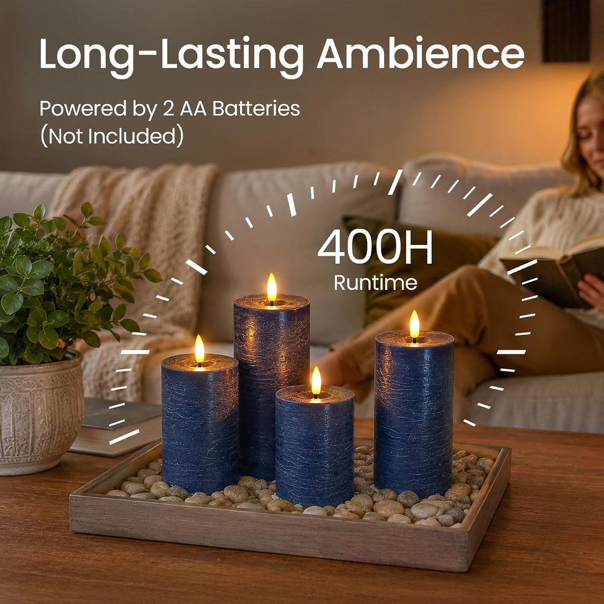Set of 4 Navy Blue Real Wax Flameless Candles with Remote, Long Lasting Battery Operated LED Pillar 3" x 4" 5" 6" 7" with Timer and Flickering Electric for Home Decor