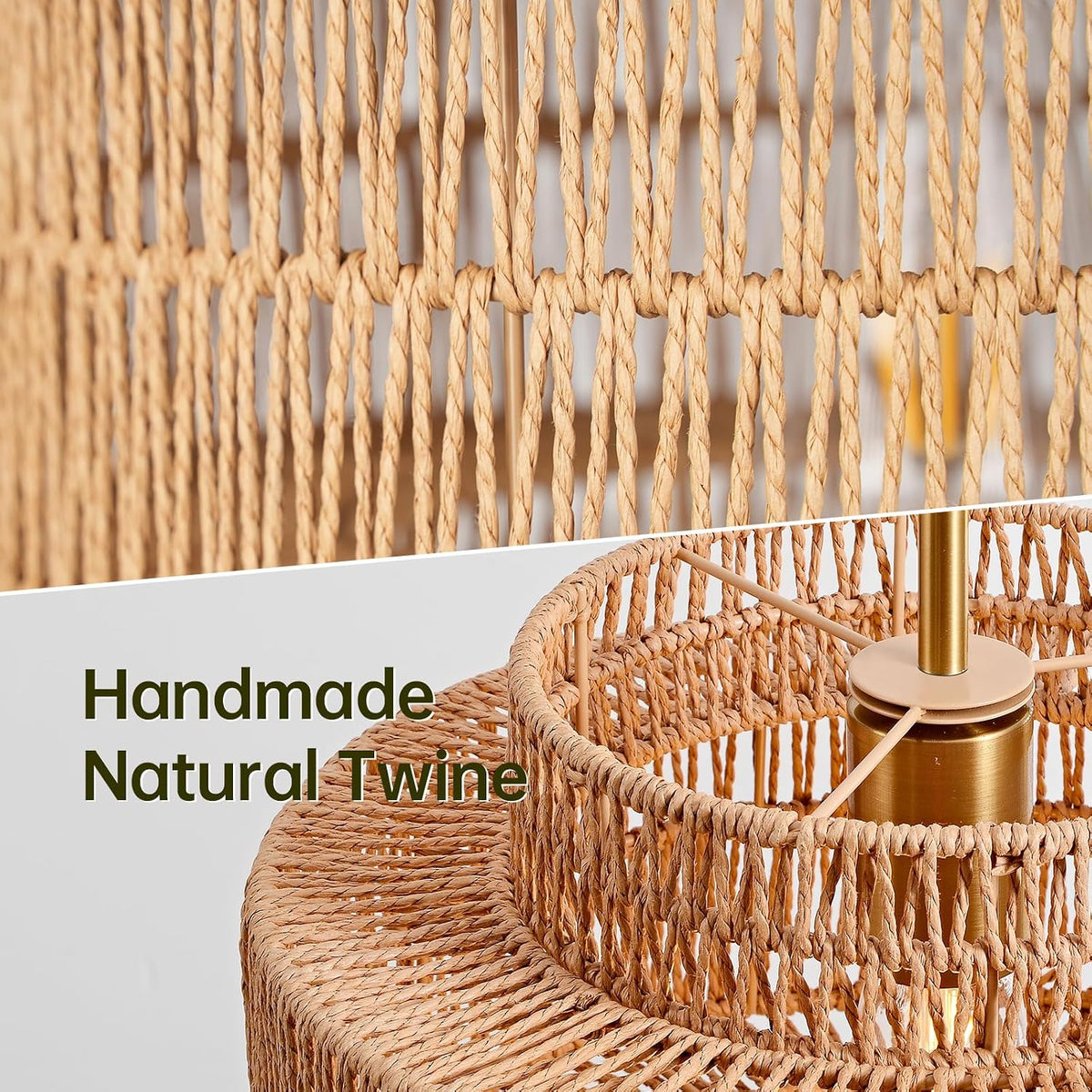 12.4" rattan pendant light for kitchen island, boho, close-up detail