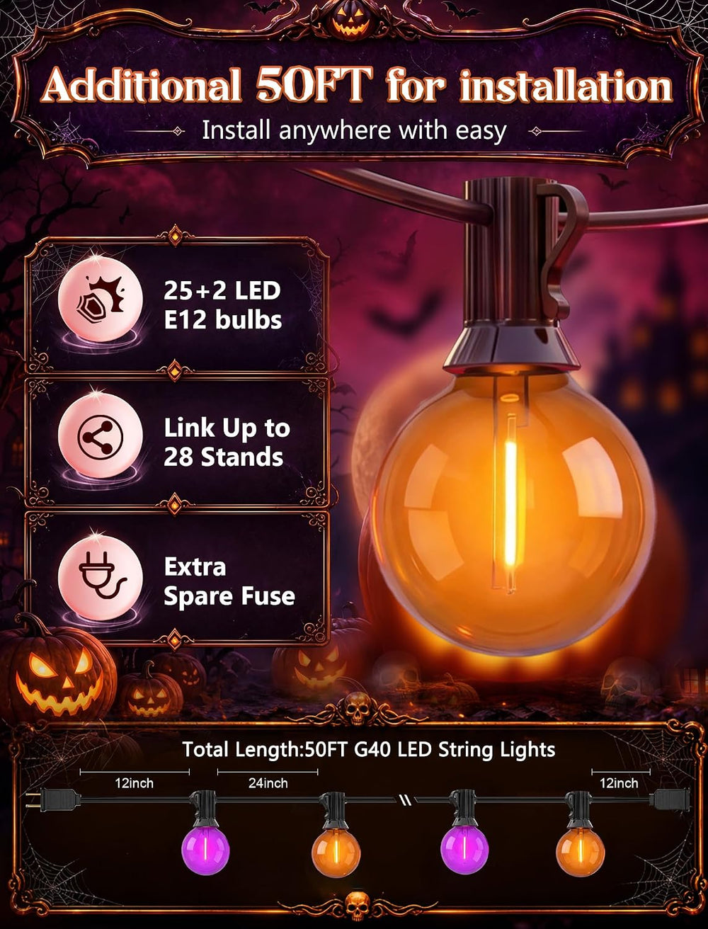 50FT Halloween String Lights Outdoor, G40 Orange and Purple LED Globe Patio L...