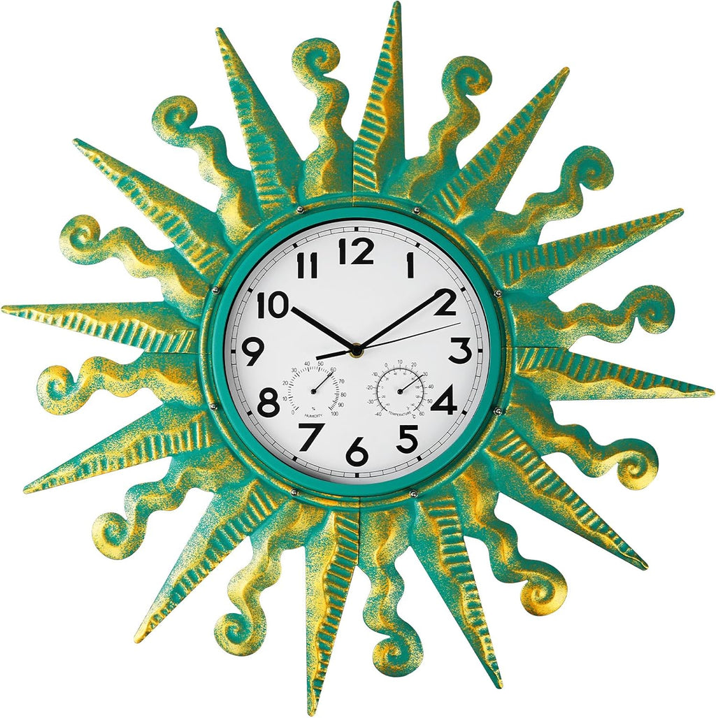 25-Inch Sun-Shaped Outdoor Clock and Thermometer Set Golden