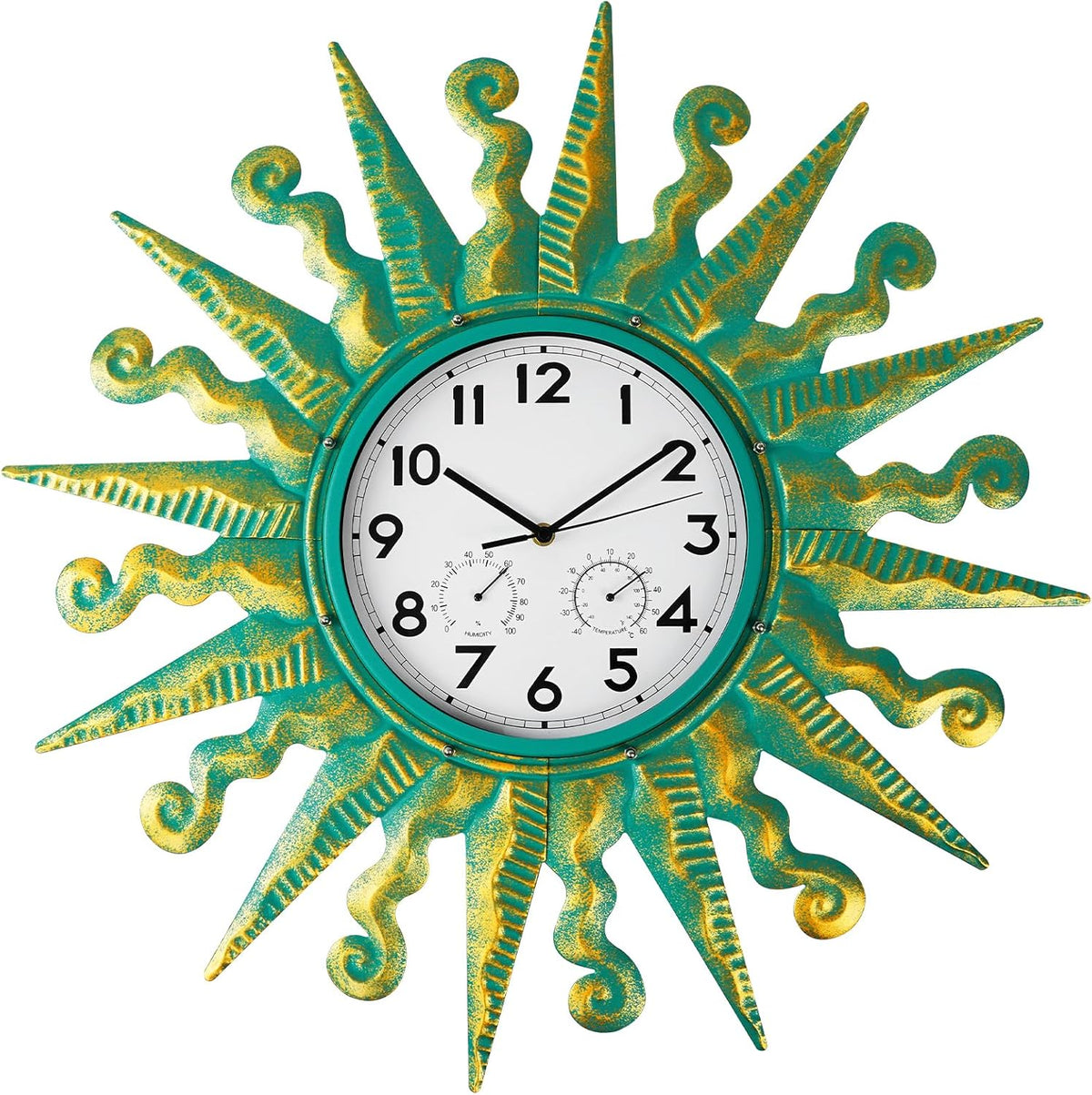 25-Inch Sun-Shaped Outdoor Clock and Thermometer Set Golden