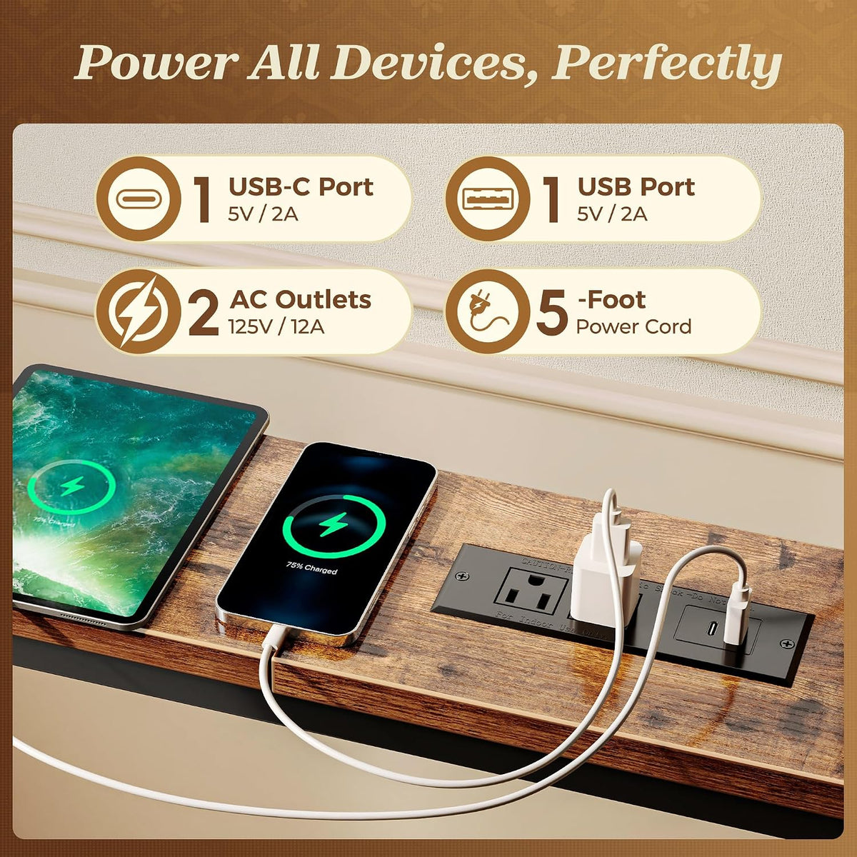 SUPERJARE 110.2 Inch Sofa Table with 2 Power Outlets and USB-C Port