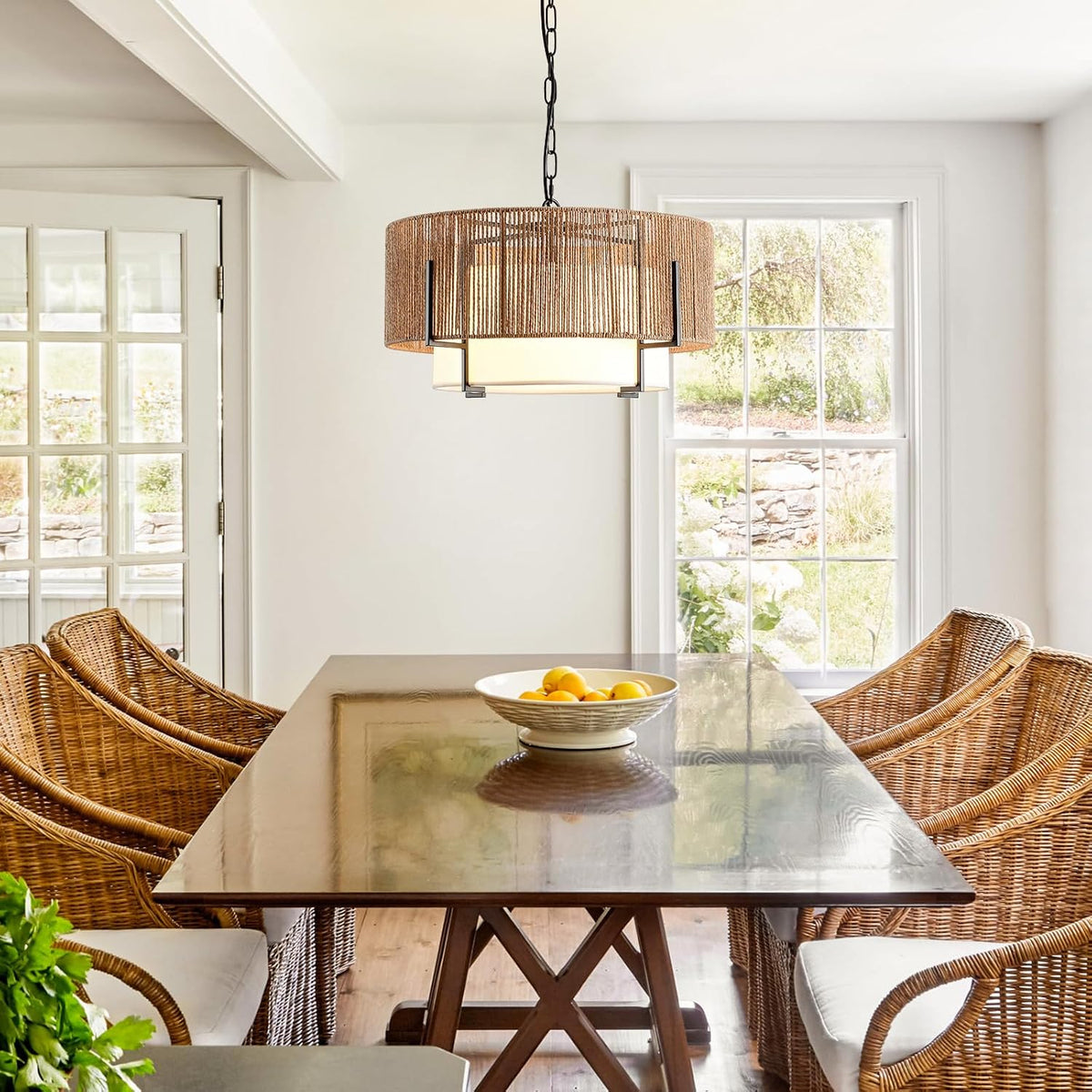 4-light rattan chandelier for dining room, 19.7" boho showing dimensions