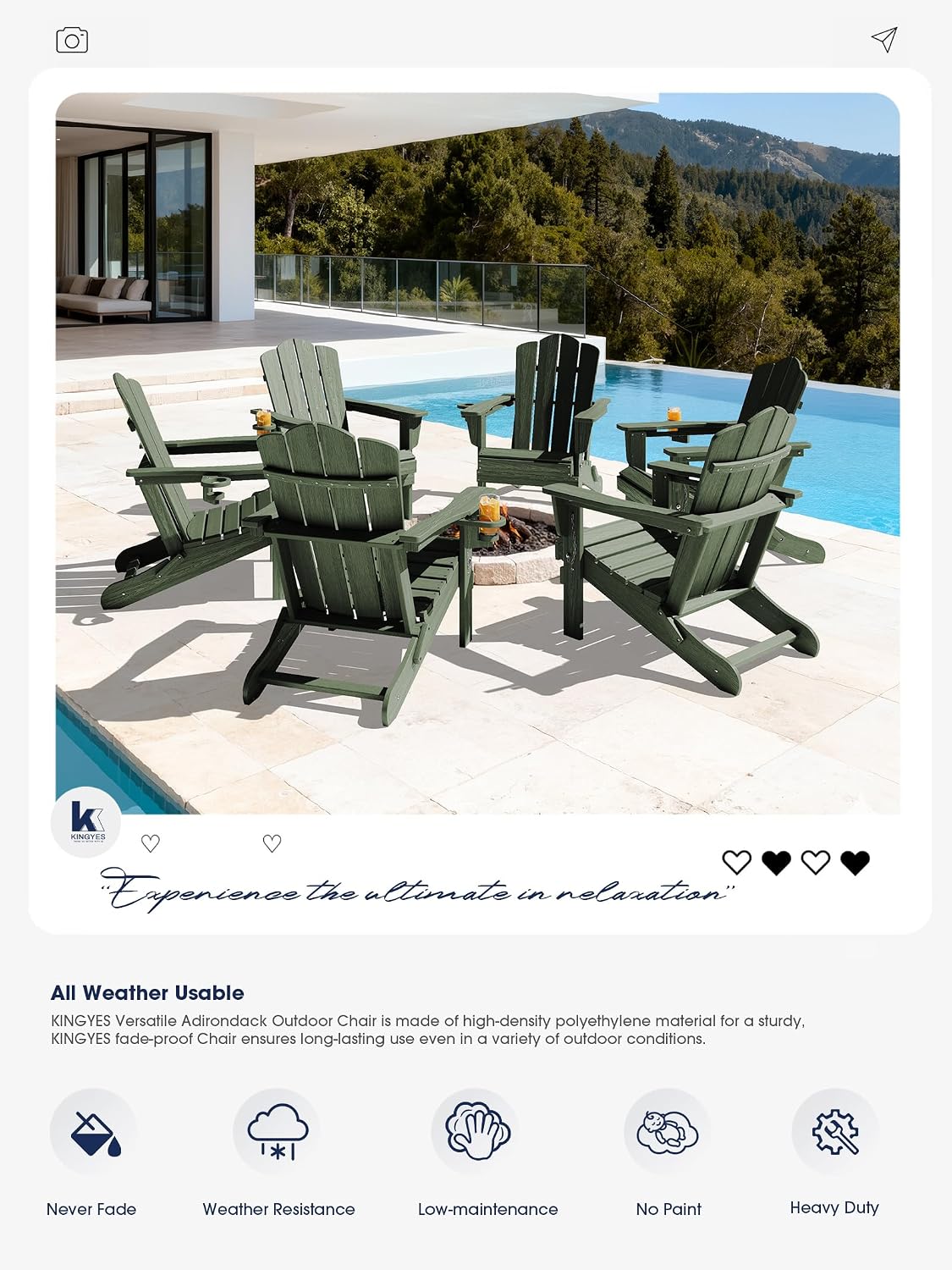 KINGYES Folding Adirondack Chair Set of 2 with Cup Holder, Avocado