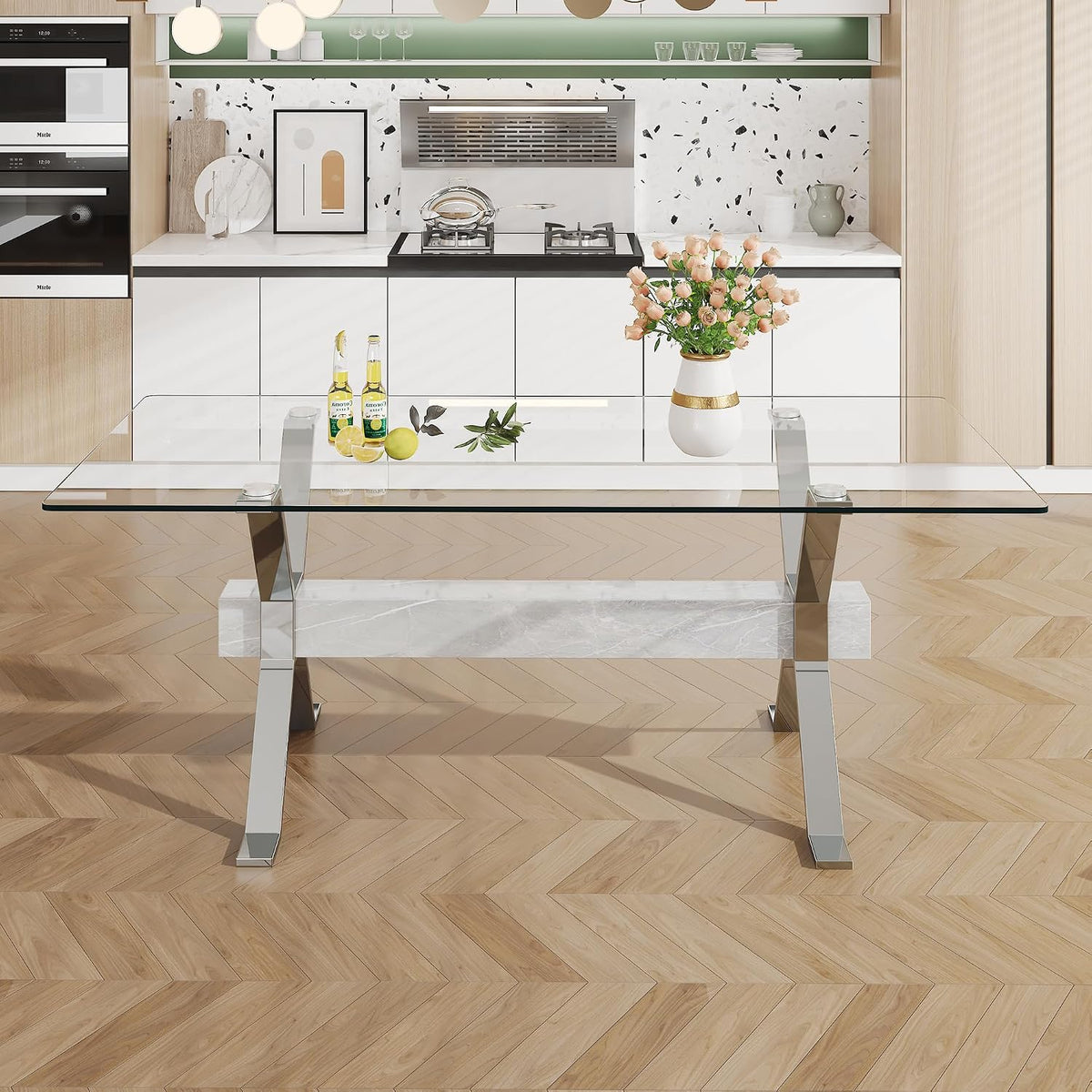 79'' Glass Dining Table, Modern Kitchen Table, Clear Dining Room Table with 0.5" Tempered Glass Tabletop with Plated Metal Legs and MDF Crossbar, Ideal for Dining Room, Kitchen.