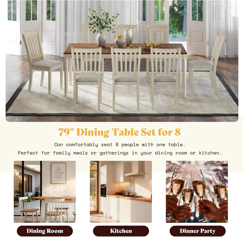 AMERLIFE 9 Piece Farmhouse Dining Table Set with 79" Table, Cream