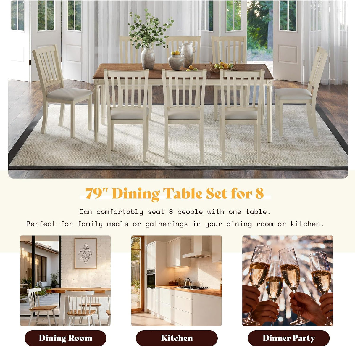 AMERLIFE 9 Piece Farmhouse Dining Table Set with 79" Table, Cream